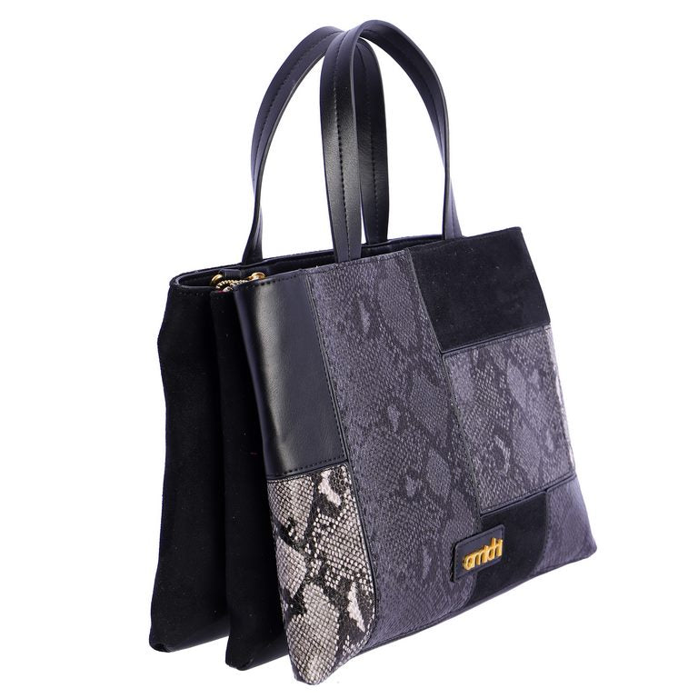 Bolso de Mano Patchwork con Efecto Serpiente, color negro