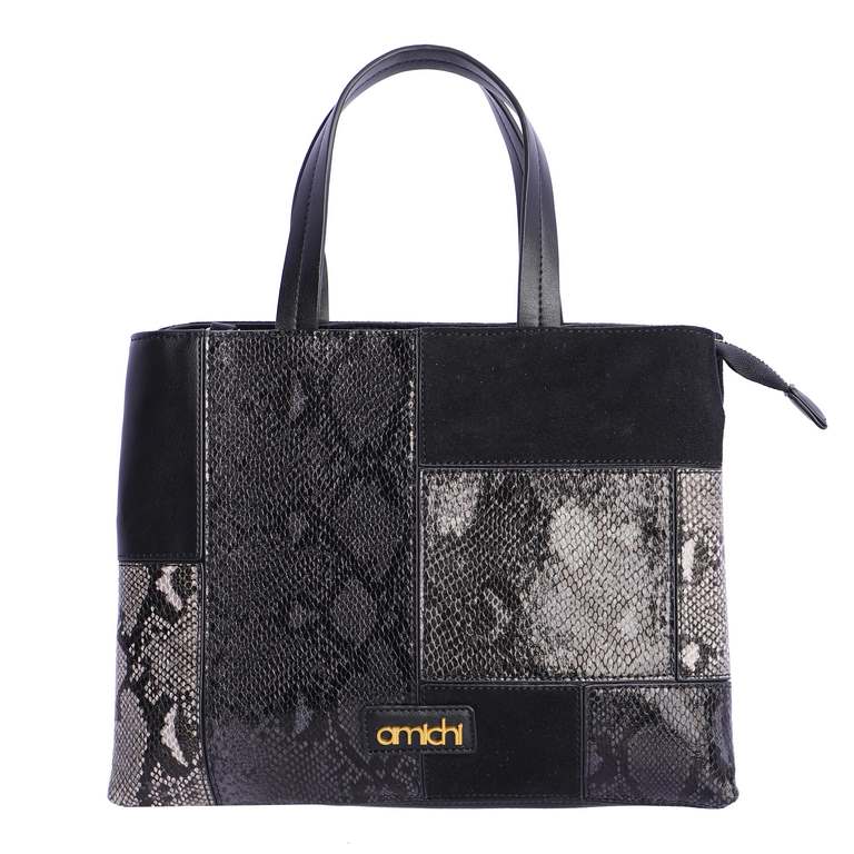 Bolso de Mano Patchwork con Efecto Serpiente, color negro