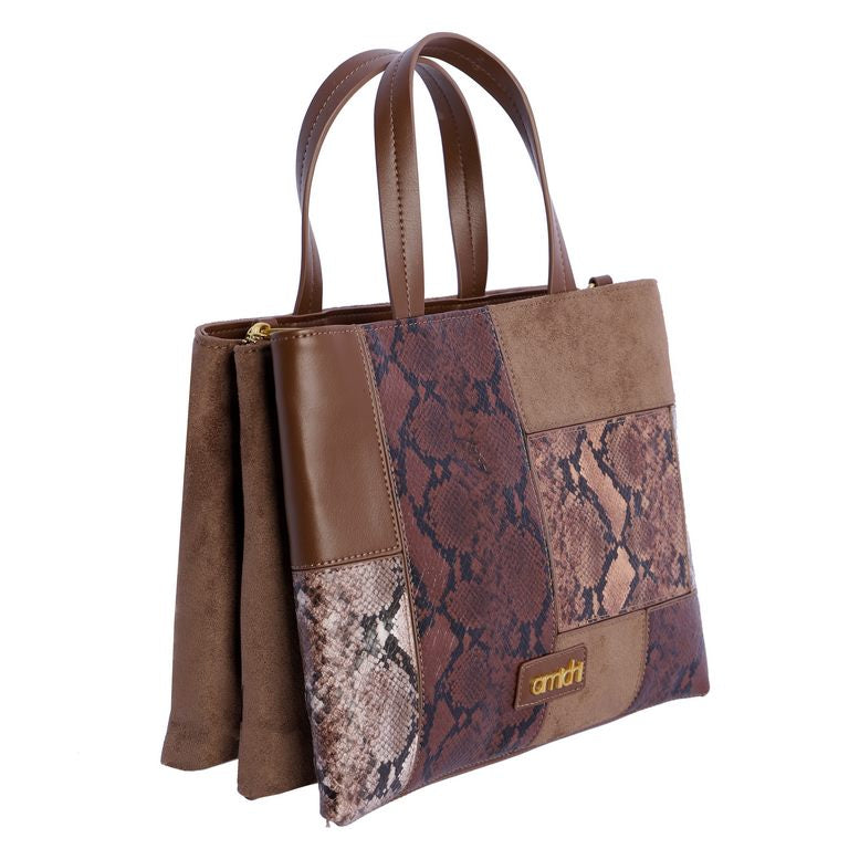Bolso de Mano Patchwork con Efecto Serpiente, color marrón