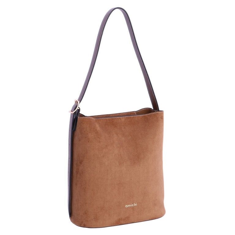 Bolso Saco Efecto Ante con Asa Fina, color camel