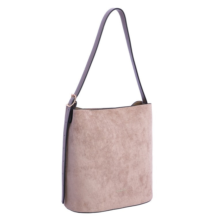 Bolso Saco Efecto Ante con Asa Fina, color taupe