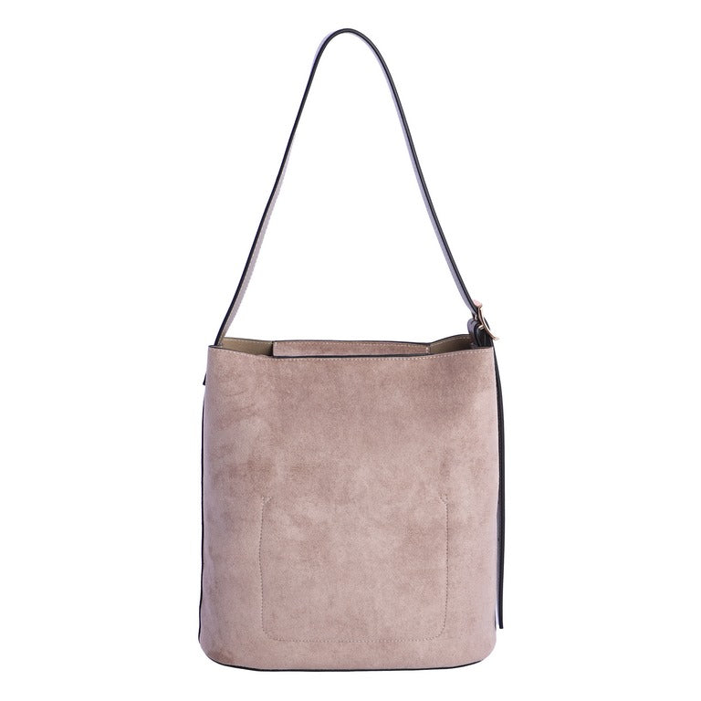Bolso Saco Efecto Ante con Asa Fina, color taupe