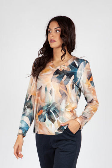 Jersey Estampado de Hojas en Tonos Melocotón y Azul con Detalle de Ollaos