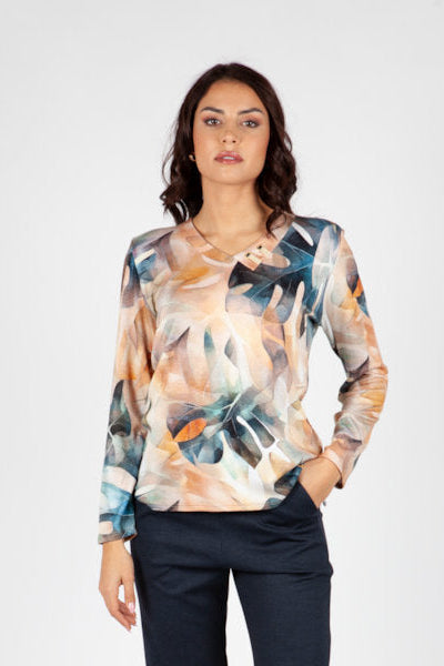Jersey Estampado de Hojas en Tonos Melocotón y Azul con Detalle de Ollaos