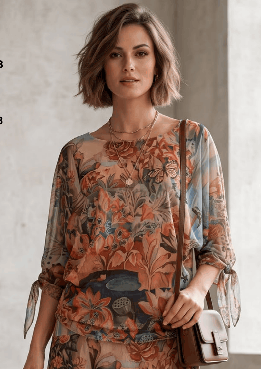 Blusa Fluida de Tul Estampada con Lazos en Mangas