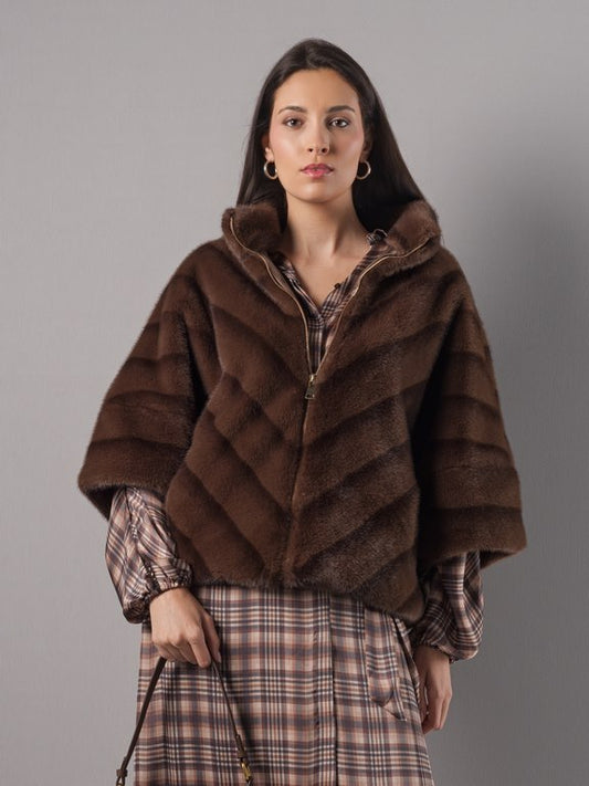 Chaqueta de Pelo Sintético Marrón con Dibujo en Espiga y Manga Ancha