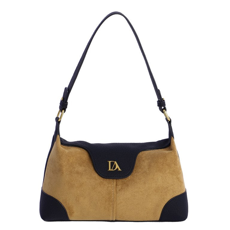 Bolso de Hombro Pequeño Efecto Ante con Solapa Logo, color camel