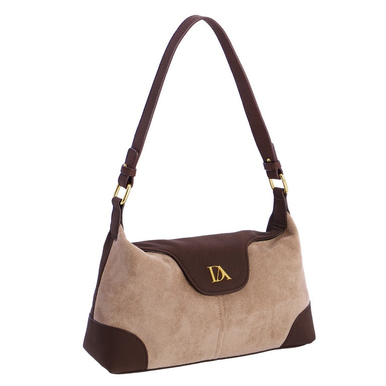 Bolso de Hombro Pequeño Efecto Ante con Solapa Logo, color taupe