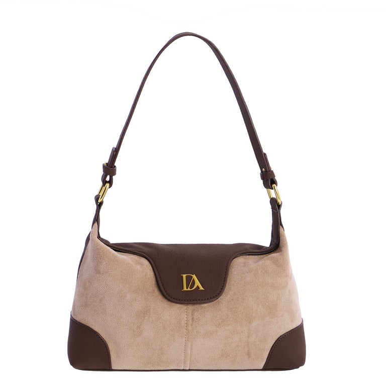 Bolso de Hombro Pequeño Efecto Ante con Solapa Logo, color taupe