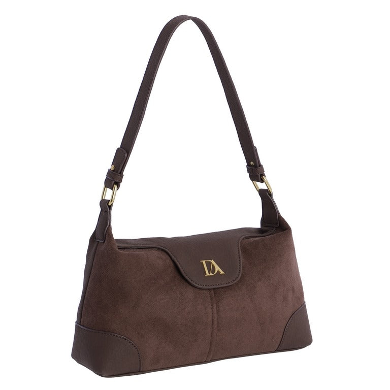 Bolso de Hombro Pequeño Efecto Ante con Solapa Logo, color marrón
