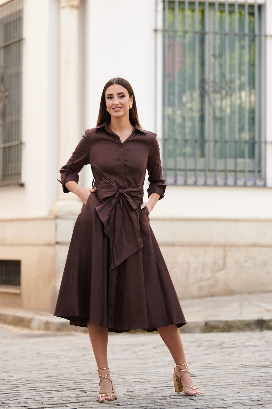 Vestido Camisero Midi de Tafetán con Maxi Lazo