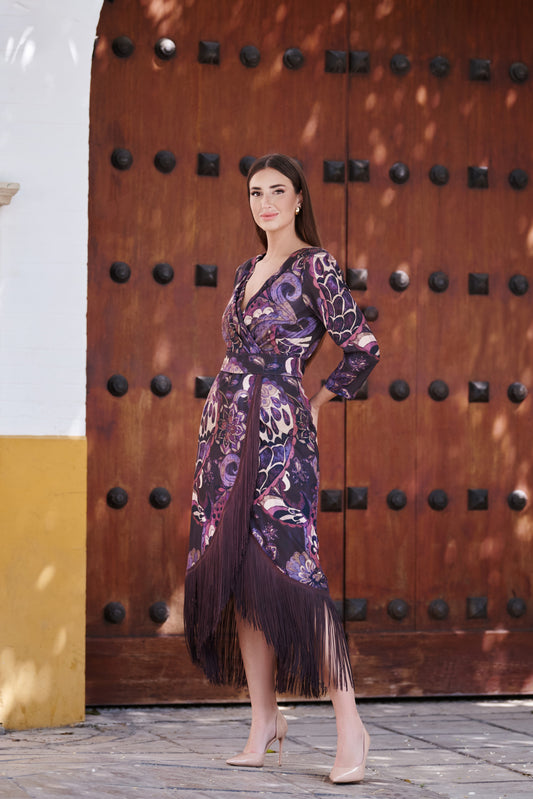 Vestido de Invitada Estampado Manteado con Flecos