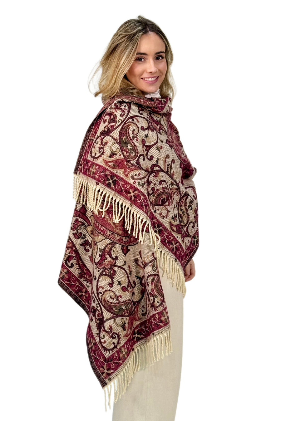 Pashmina de Punto en Tonos Burdeos con Estampado Cachemira