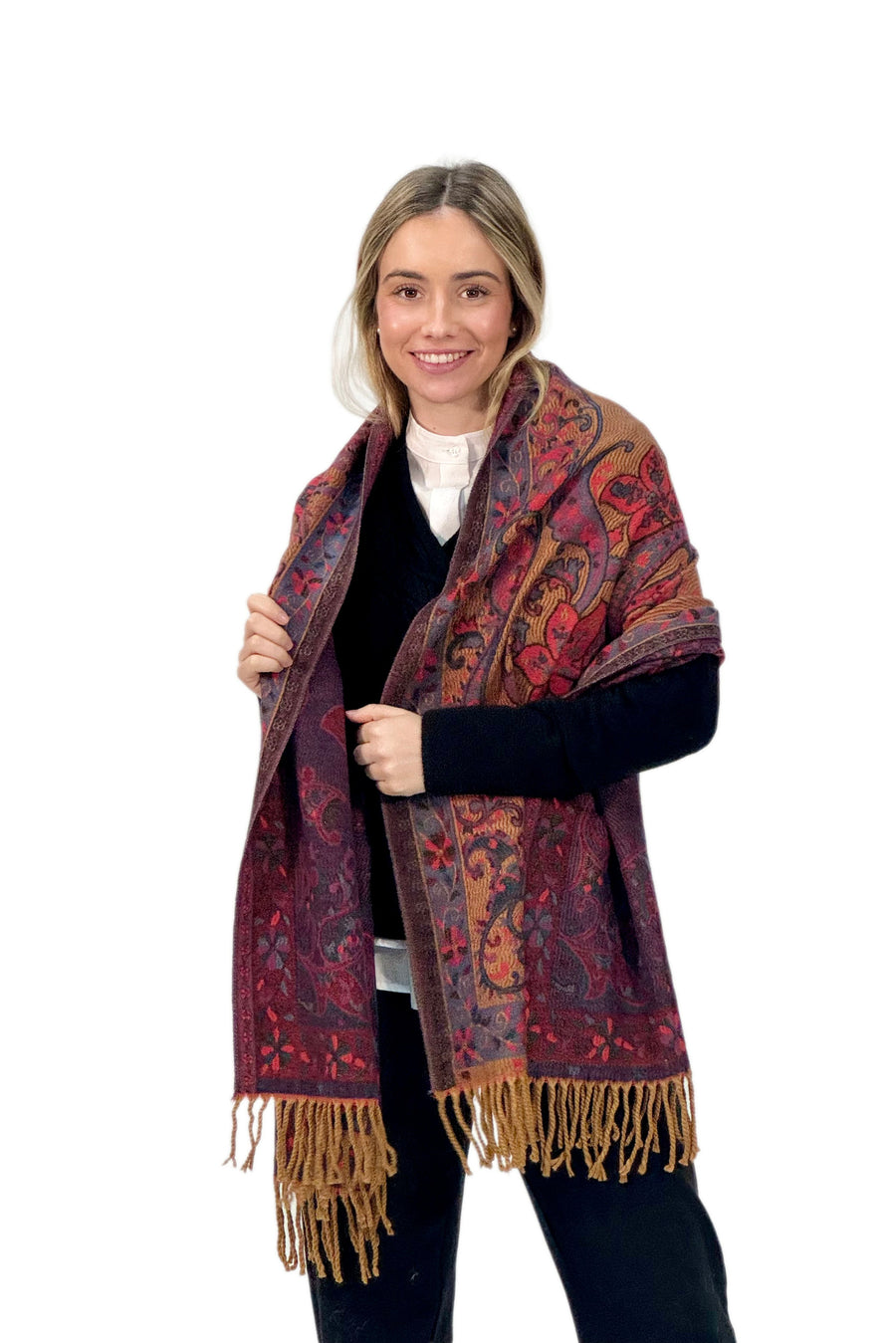 Pashmina de Punto con Estampado Floral y Cachemira en Tonos Teja