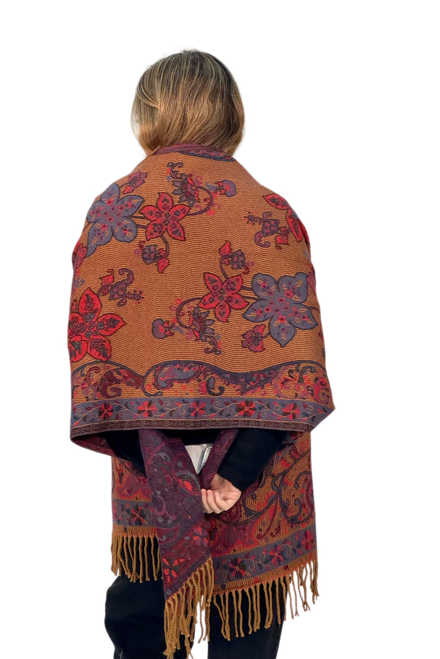 Pashmina de Punto con Estampado Floral y Cachemira en Tonos Teja