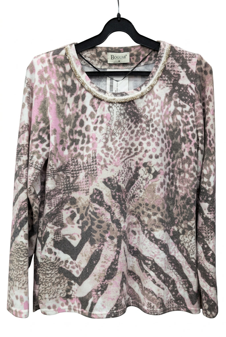 Jersey con Estampado Animal en Tonos Rosa y Cinta de Pelito en el Escote