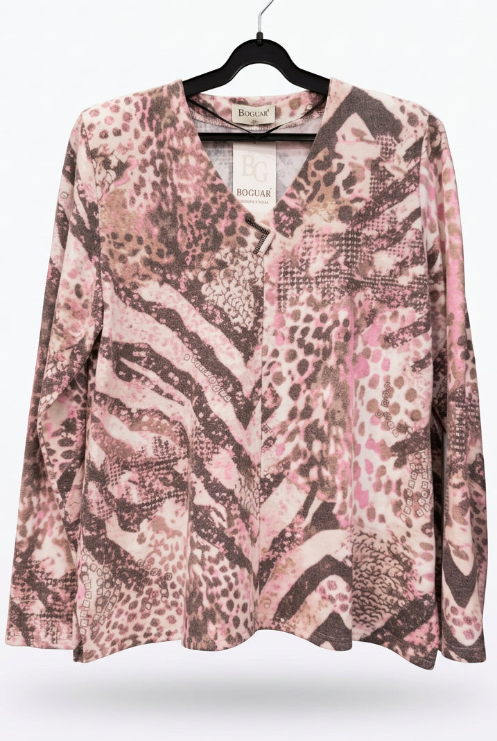 Jersey de Punto con Estampado Animal en Tonos Rosa y Gris y Cuello de Pico