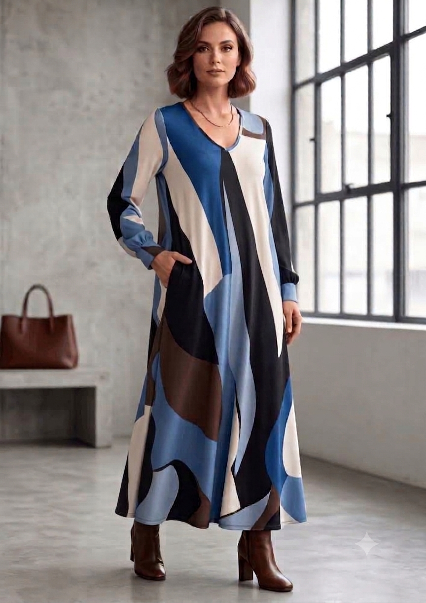 Vestido Largo Estampado Geométrico en Tonos Azul, Beige y Marrón