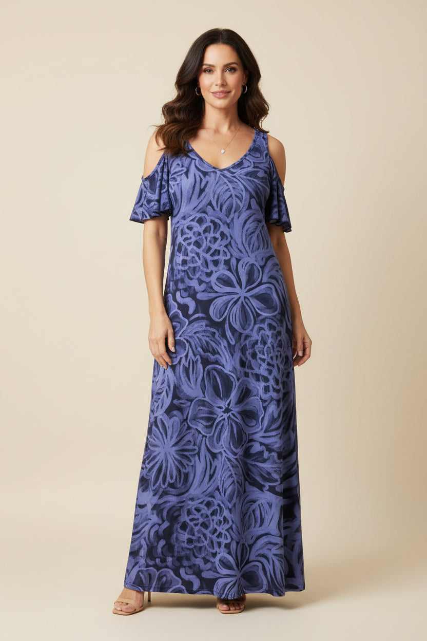 Vestido Largo de Licra Fría con Hombros Descubiertos