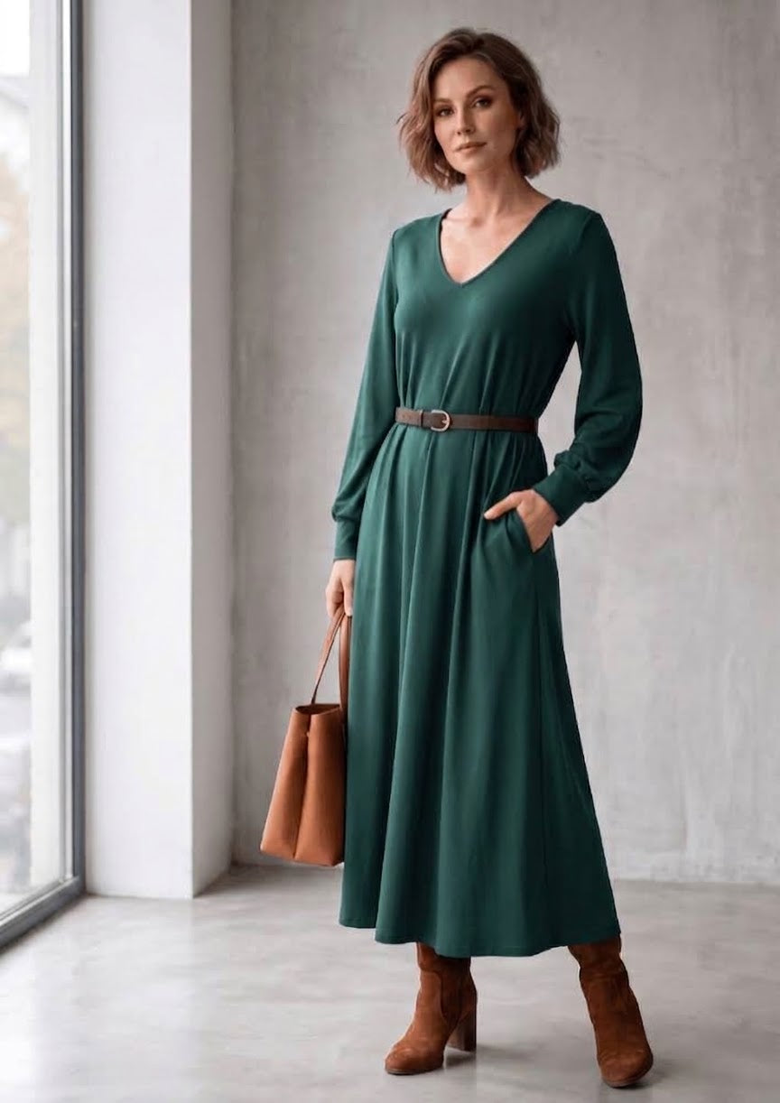 Vestido midi Escote V con Bolsillo