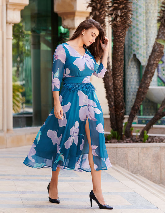 Vestido midi floral en azul y lavanda para mujer