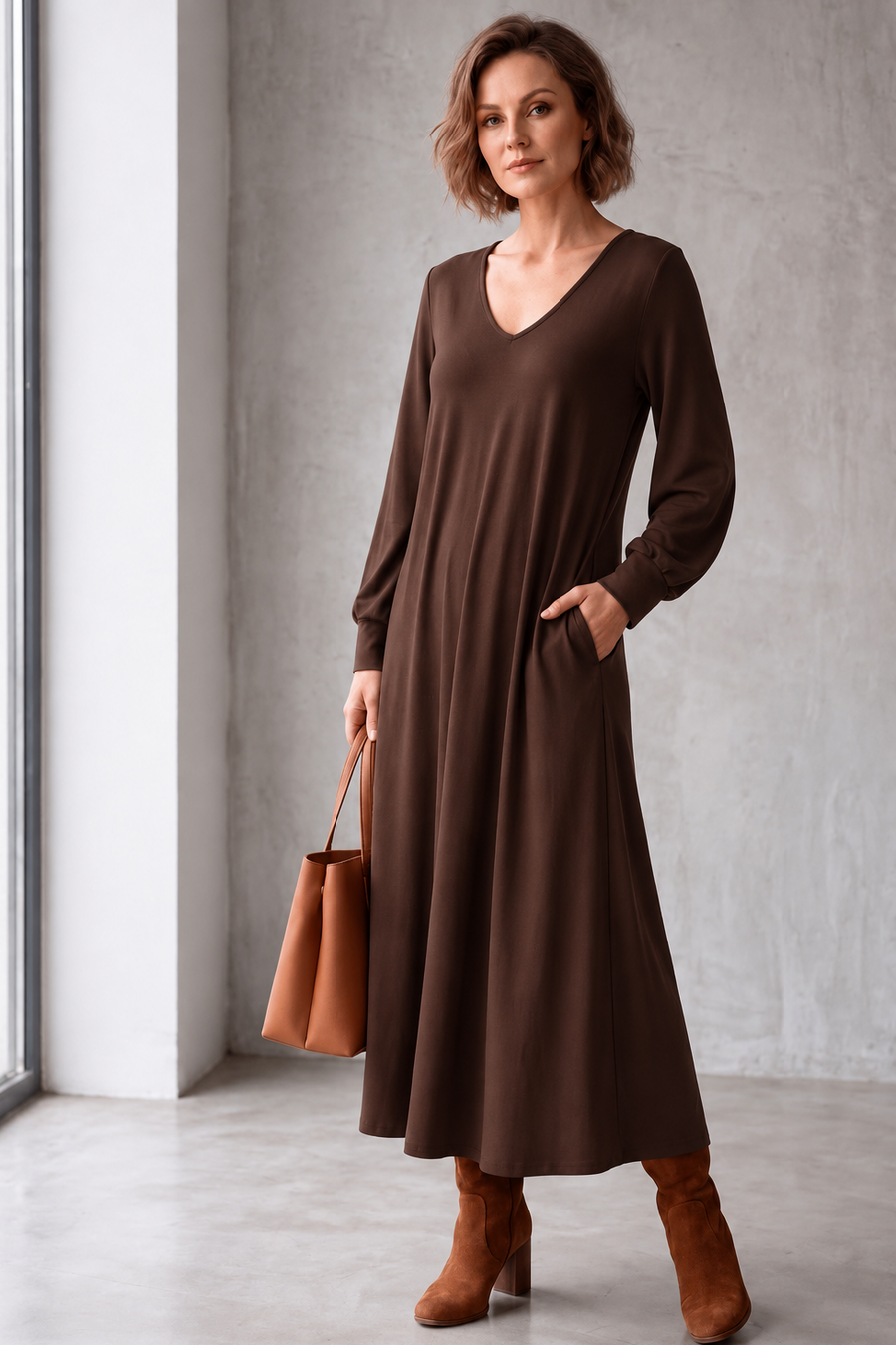 Vestido midi Escote V con Bolsillo