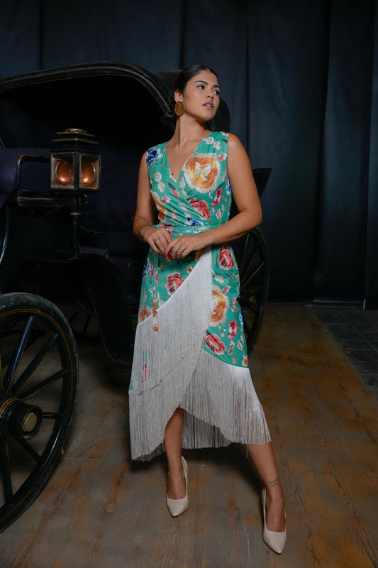 Vestido Midi Amanecer Floral con Flecos inspirado en Mantón