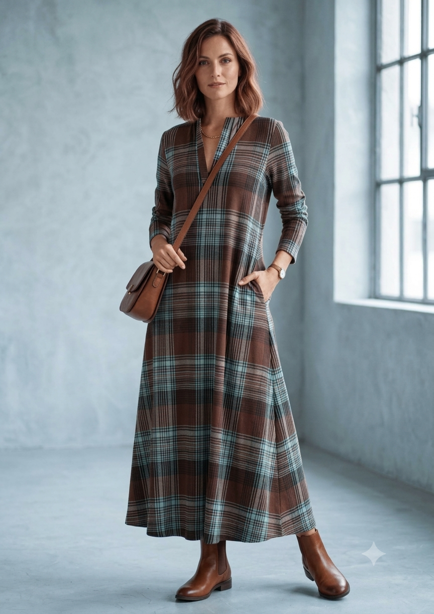 Vestido Largo Camisero a Cuadros Tono Marrón y Azul