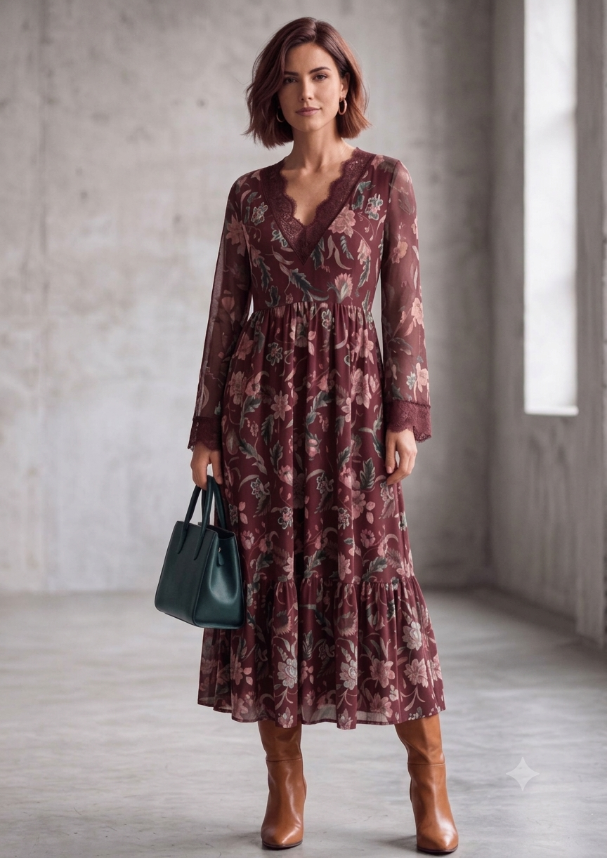Vestido Midi Estampado Floral con Encaje