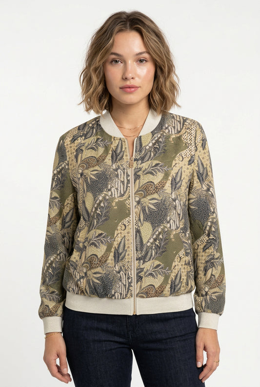 Chaqueta Bomber de Antelina con Estampado Botánico en Tonos Caqui y Beige
