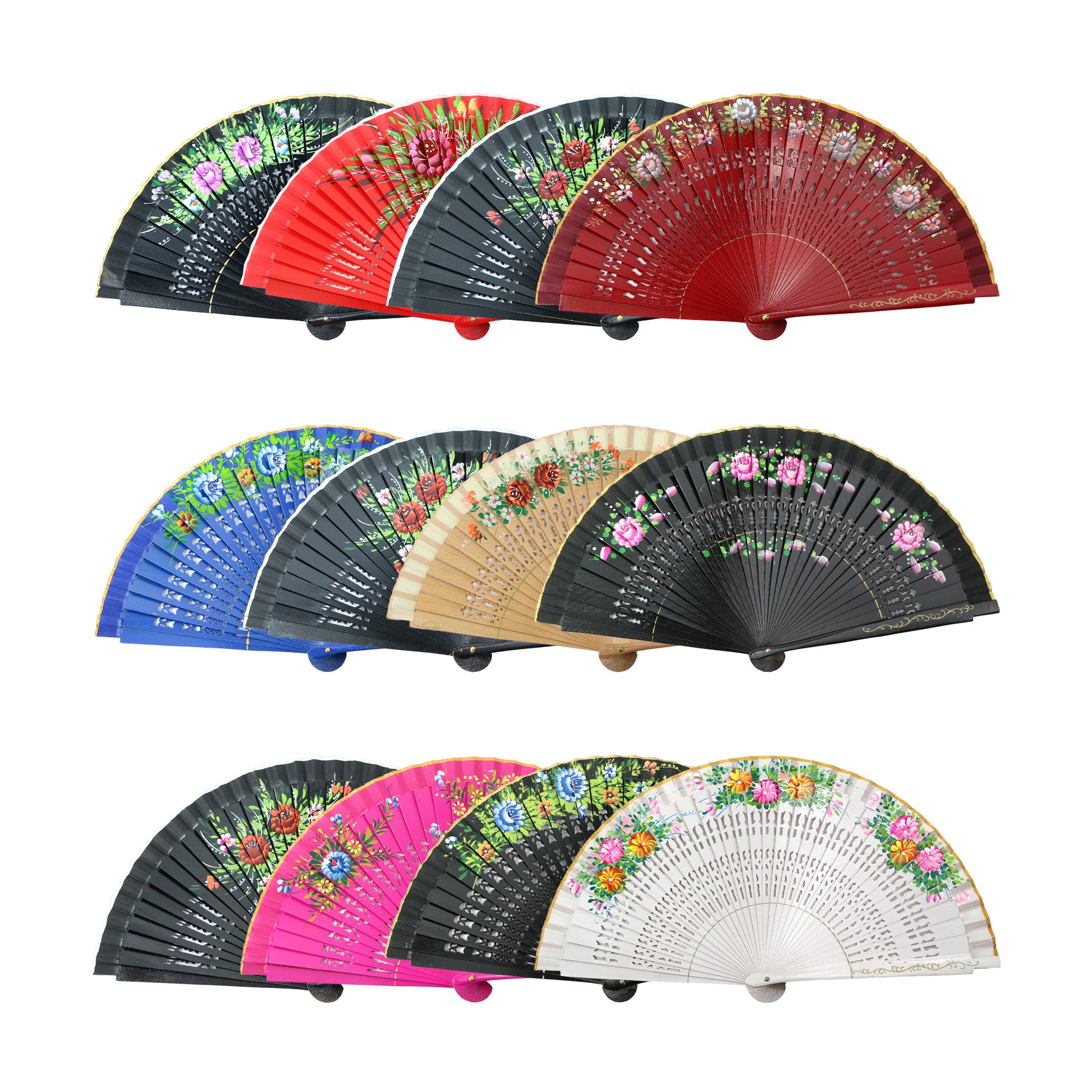 Abanico Madera Pintado a Mano 2 caras, 23 cm