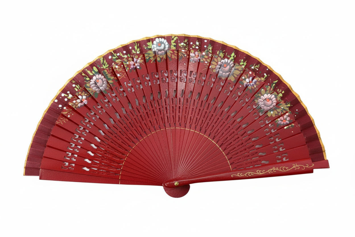 Abanico Madera Pintado a Mano 2 caras, 23 cm