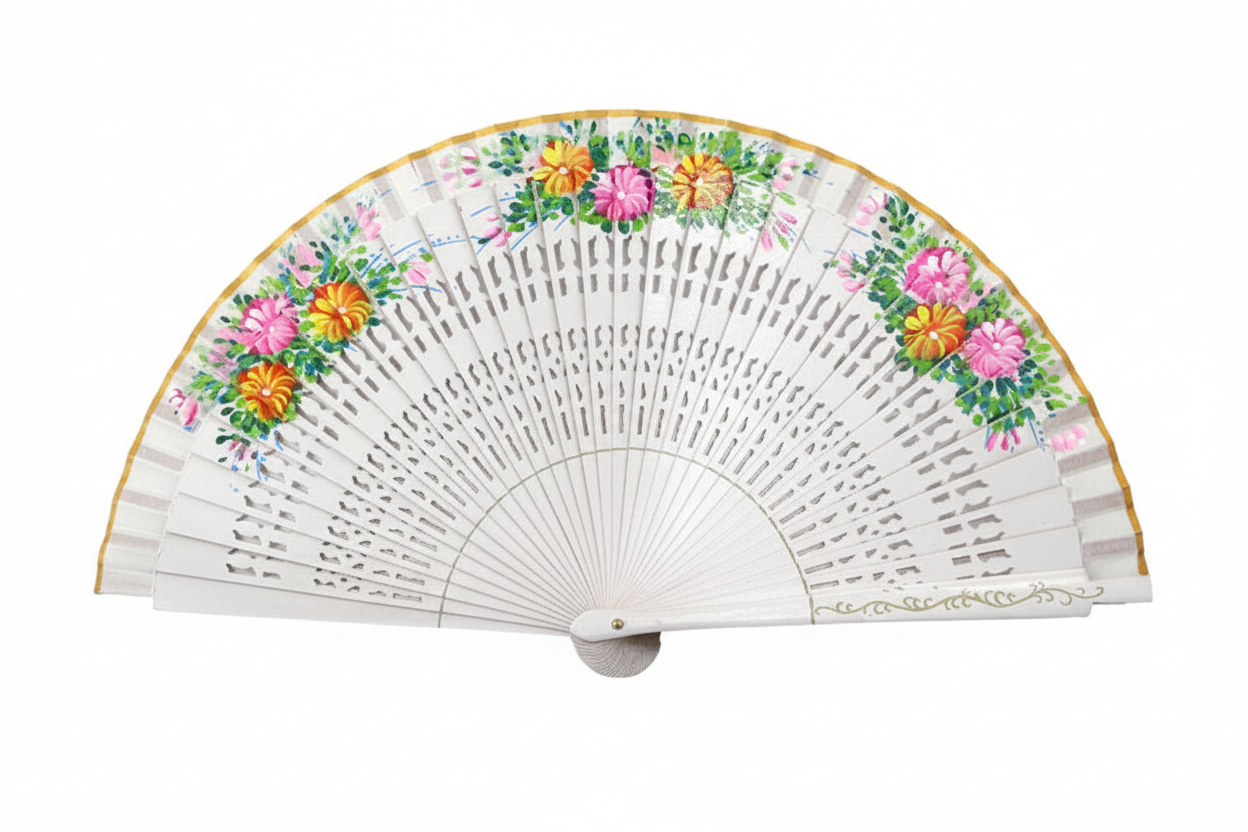 Abanico Madera Pintado a Mano 2 caras, 23 cm