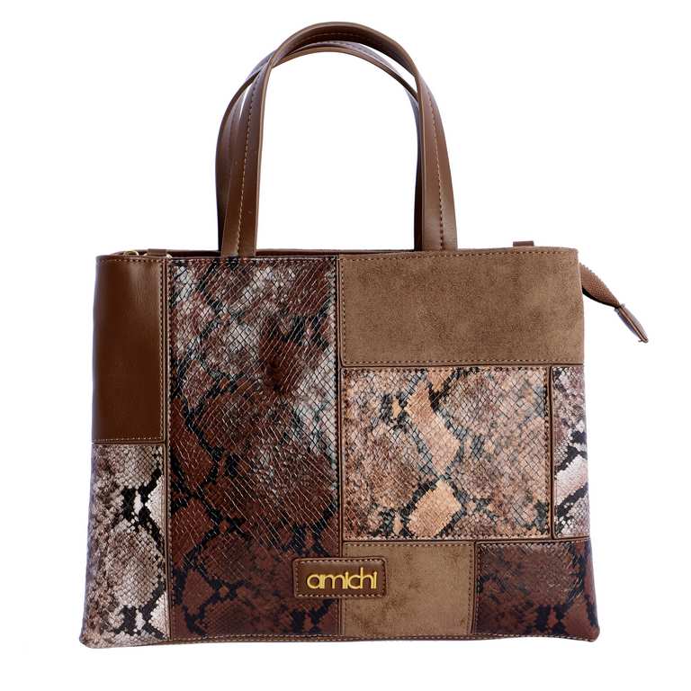 Bolso de Mano Patchwork con Efecto Serpiente, color marrón