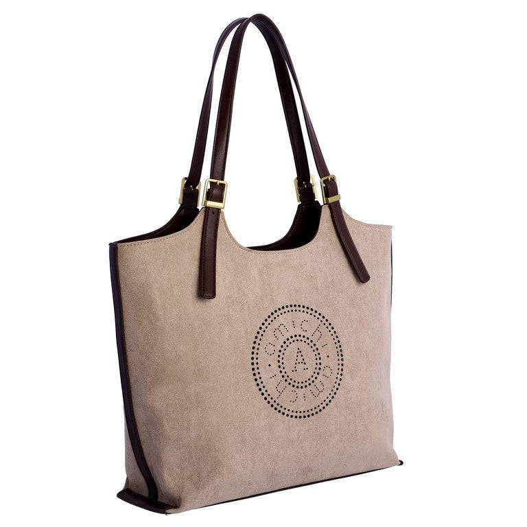 Bolso de Hombro Shopper Beige con Logo Grabado