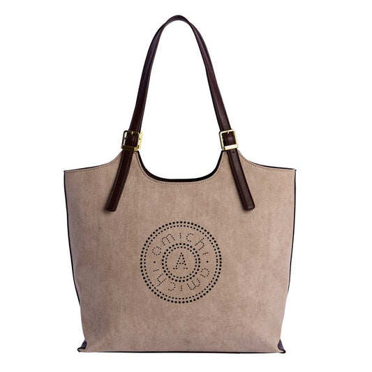 Bolso de Hombro Shopper Beige con Logo Grabado