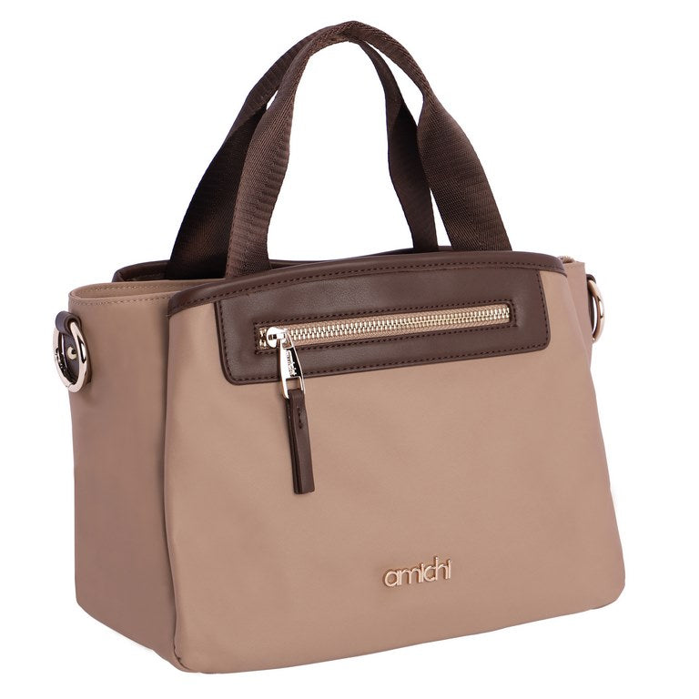 Bolso de Mano con Detalles en Contraste y Bandolera, color beige
