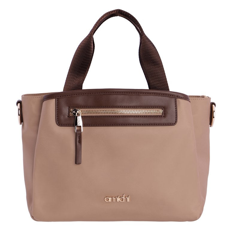 Bolso de Mano con Detalles en Contraste y Bandolera, color beige