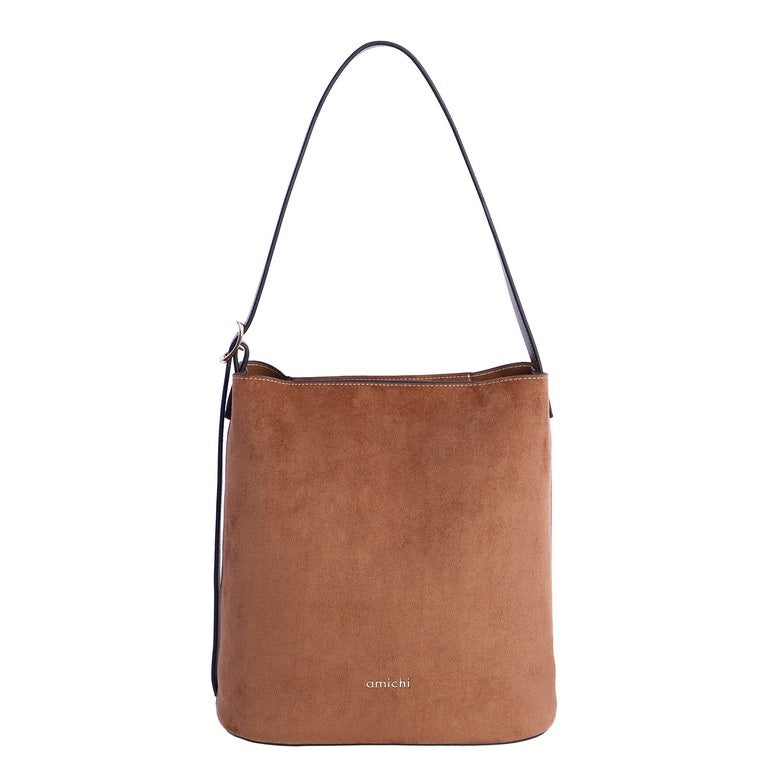 Bolso Saco Efecto Ante con Asa Fina, color camel