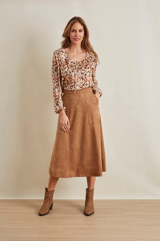 Falda Midi Efecto Ante Camel con Vuelo
