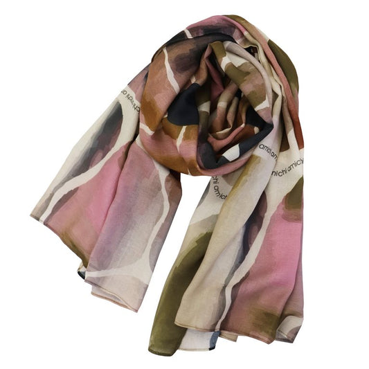 Fular Estampado Abstracto en Tonos Rosa, Marrón y Crudo
