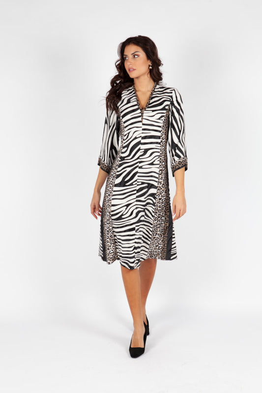Vestido Estampado de Cebra en Blanco y Negro con Laterales de Leopardo