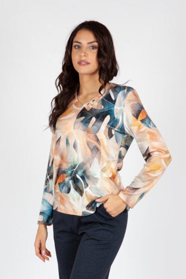 Jersey Estampado de Hojas en Tonos Melocotón y Azul con Detalle de Ollaos