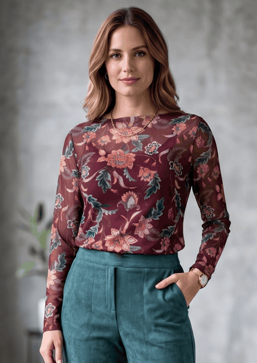 Camiseta de Tul Estampada con Escote Asimétrico