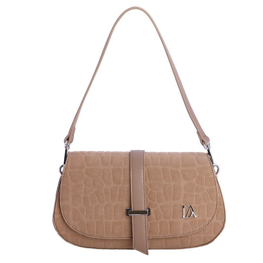 Bolso de Hombro con Solapa Efecto Coco y Hebilla, color beige
