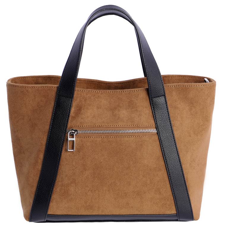 Bolso Shopper Efecto Ante con Asas en Contraste, color camel