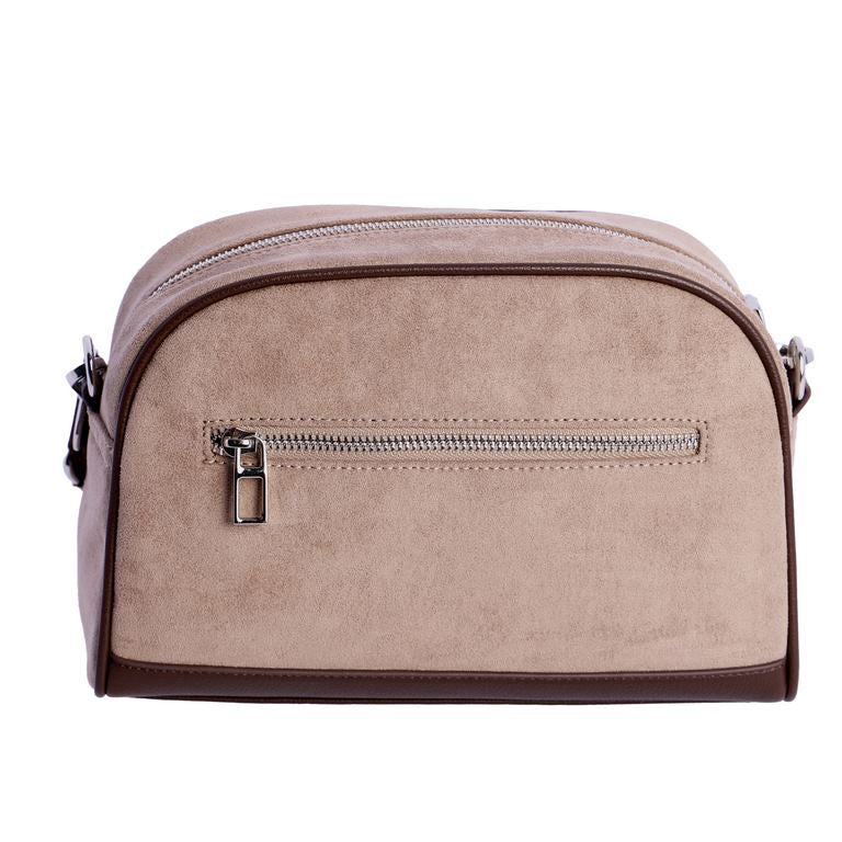Bandolera Efecto Ante con Cremallera y Correa Estampada, color taupe