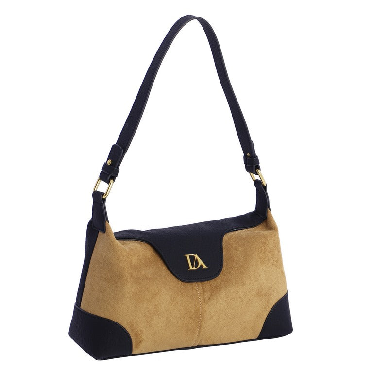 Bolso de Hombro Pequeño Efecto Ante con Solapa Logo, color camel