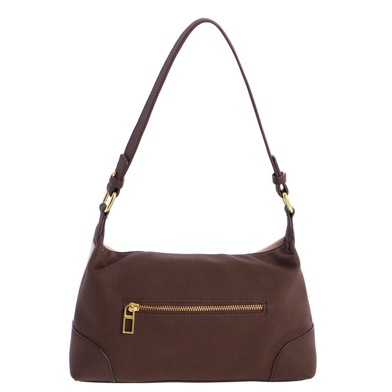 Bolso de Hombro Pequeño Efecto Ante con Solapa Logo, color taupe