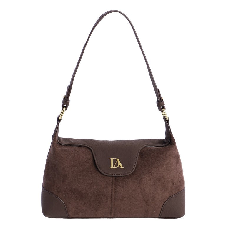 Bolso de Hombro Pequeño Efecto Ante con Solapa Logo, color marrón